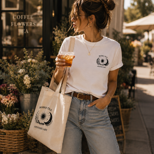 A woman standing outdoors at a coffee shop wearing a white graphic T-shirt and light blue jeans, holding an iced coffee and carrying a cream canvas tote bag with a black 'Boho Tea Apothecary' logo. The background shows a warm, sunlit cafe setting with flowers and storefront details.