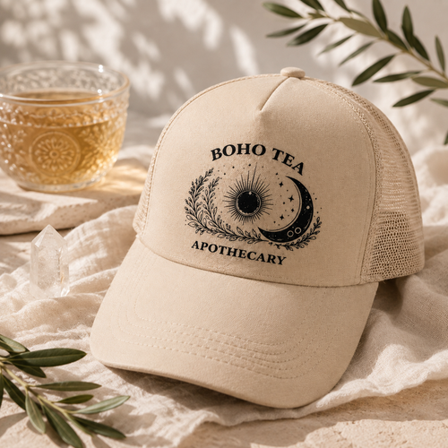 A beige trucker-style cap with black embroidered text reading 'BOHO TEA APOTHECARY' and a celestial moon-and-star graphic, styled on draped fabric with a glass of tea, crystals, and greenery in the background.