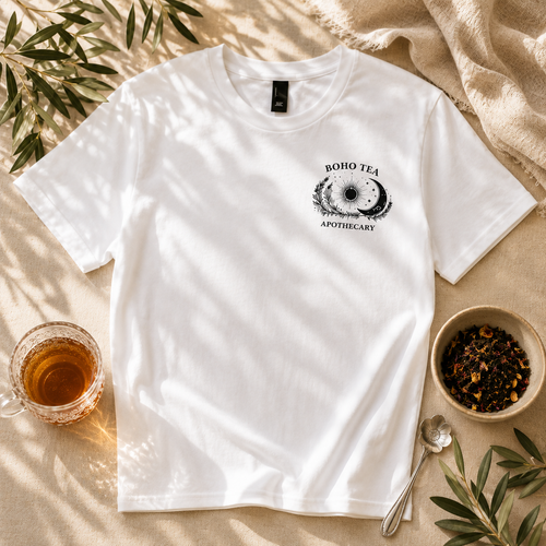 A white short-sleeve T-shirt laid flat on a beige fabric surface with leafy branches, a glass of tea, a bowl of loose tea, and a spoon around it. The shirt has a small black chest graphic reading “BOHO TEA APOTHECARY” with a circular floral/eye-like design.
