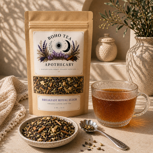 Breakfast Ritual Elixir organic loose leaf black tea with cinnamon, ginger and embossed glass teacup